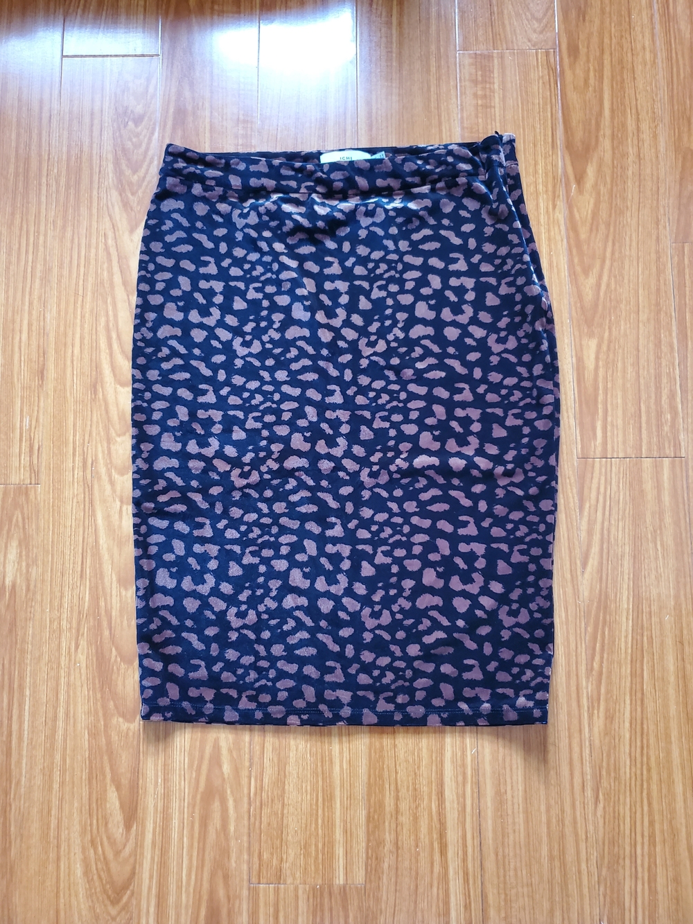 ICHI Brown & Navy Velveteen Leopard Print Midi Skirt